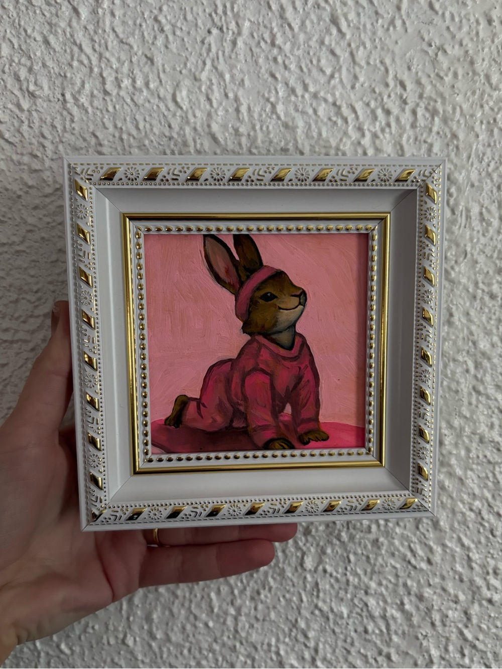 "Neon yoga bunny” Original oil painting on wood board mini framed 4x4"